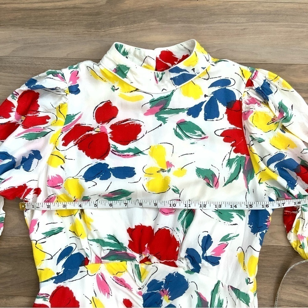 RIXO Floral Maxi Dress Mock Neck Cascade Ruffle Split - Picture 10 of 12
